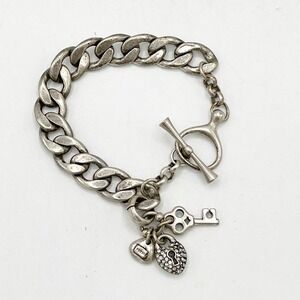 Fossil Bracelet Womens Silver Tone Link Chain Lock Key Charm 7.5 In